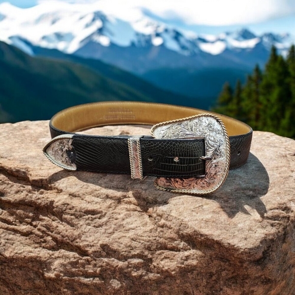 Handmade Accessories - AL BERES Vintage Montana Silversmith Leather Belt-Handmade-Silver and Gold Sz 28